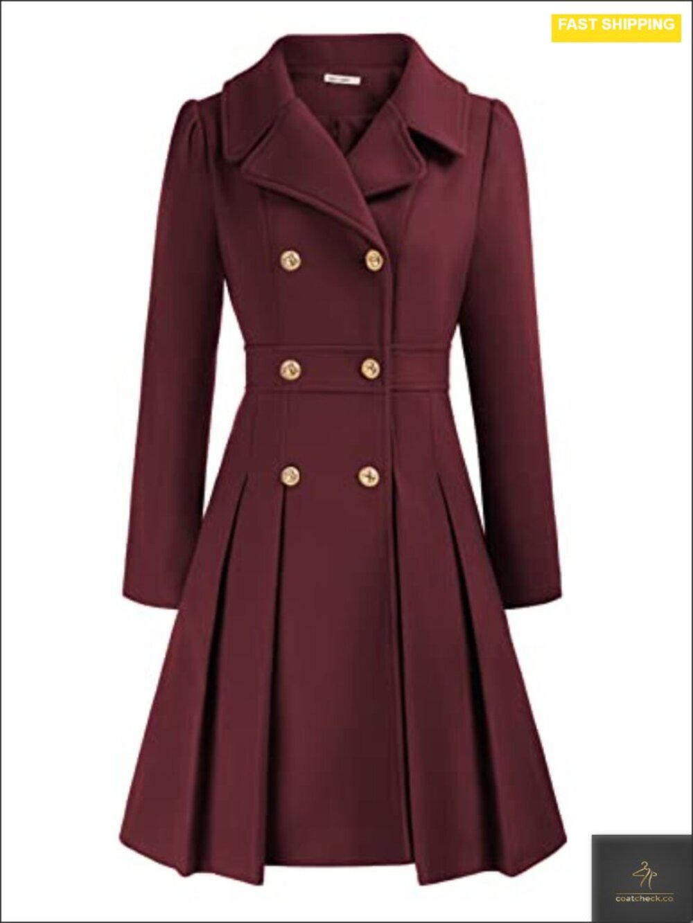Womens A-Line Pea Coat Double Breasted Notch Lapel Long Sleeve Winter Trench